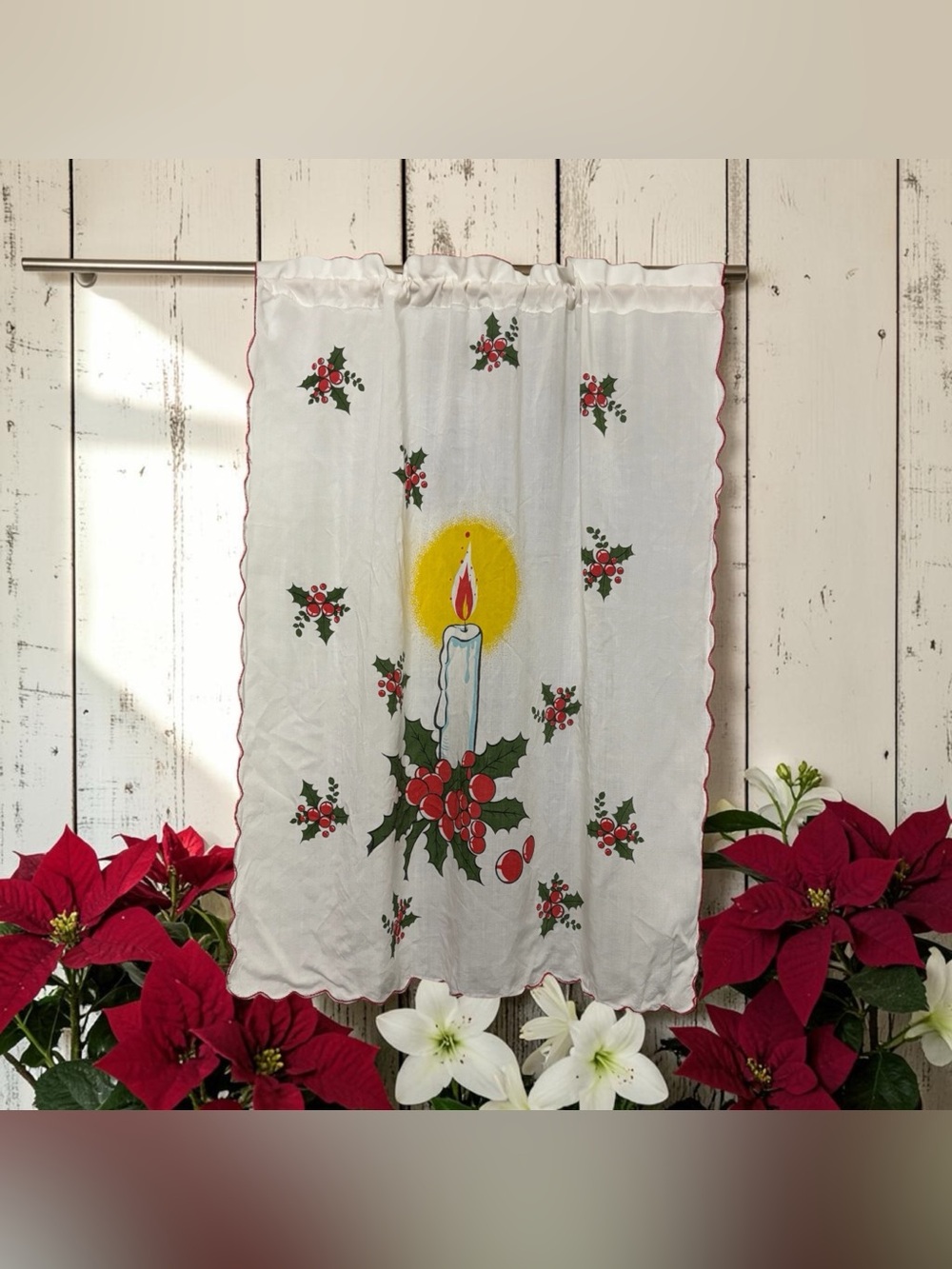 MCM Christmas Curtain Panel Holiday Textile Candle Holly Berry Red Scallop Trim